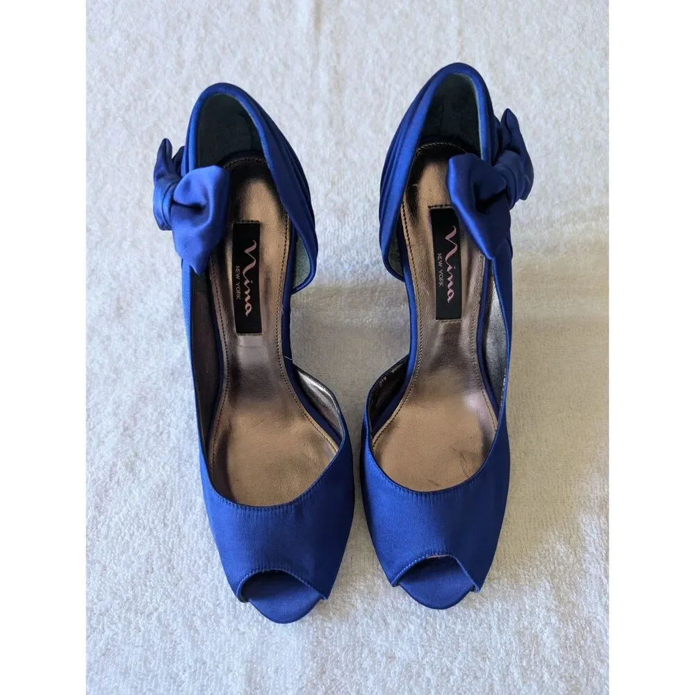 Nina New York Blue Satin Peep Toe Wedge Heels Bow Women’s 7M Formal